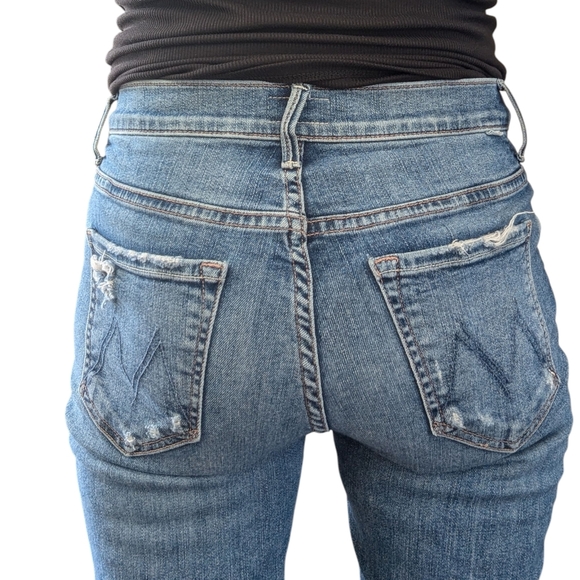 Mother Crop Step Chew Jeans Distressed Frayed Hem Size 26 Blue Denim - Picture 6 of 15